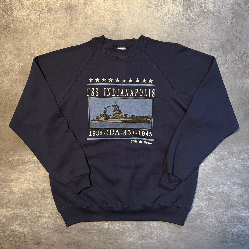 VTG Hanes USS Indianapolis CA-35 Sweatshirt Mens XXL Navy Still At Sea USA Made